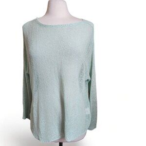 Eileen Fisher Woman Linen Open‎ Knit Pullover Sweater Size M Long Sleeve Mint